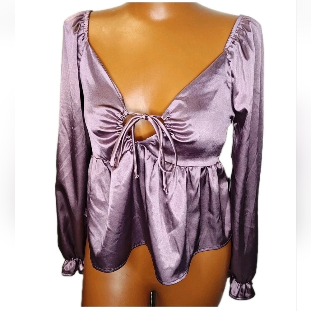 Vtg USA Altered State Satin Peplum Blouse Sm Purple Smocked Crop Babydoll Nwt